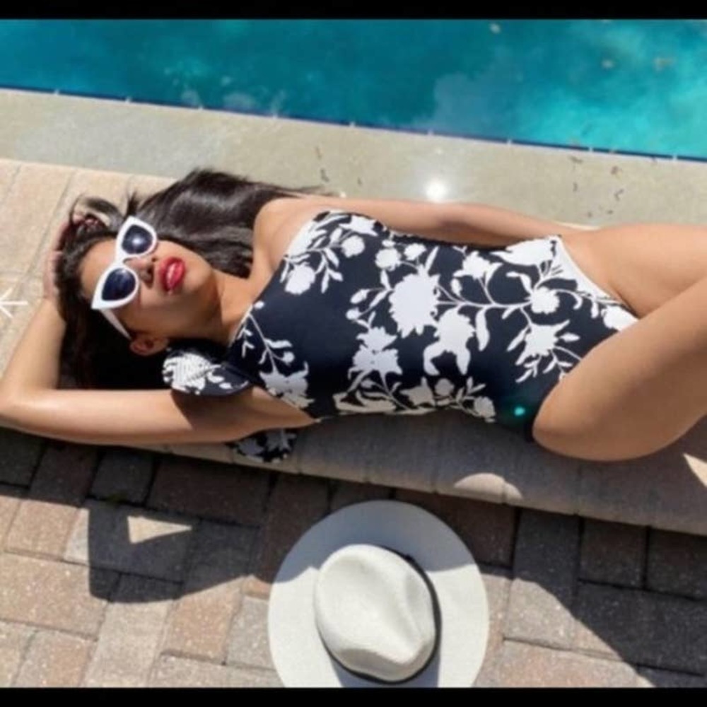 H&M  Johanna Oritz Black Floral One Piece Swimsuit